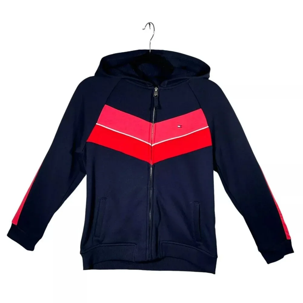 Tommy Hilfiger Youth Girl's Full Zip French Terry Sweater Sz L (14-16) Navy/Pink
